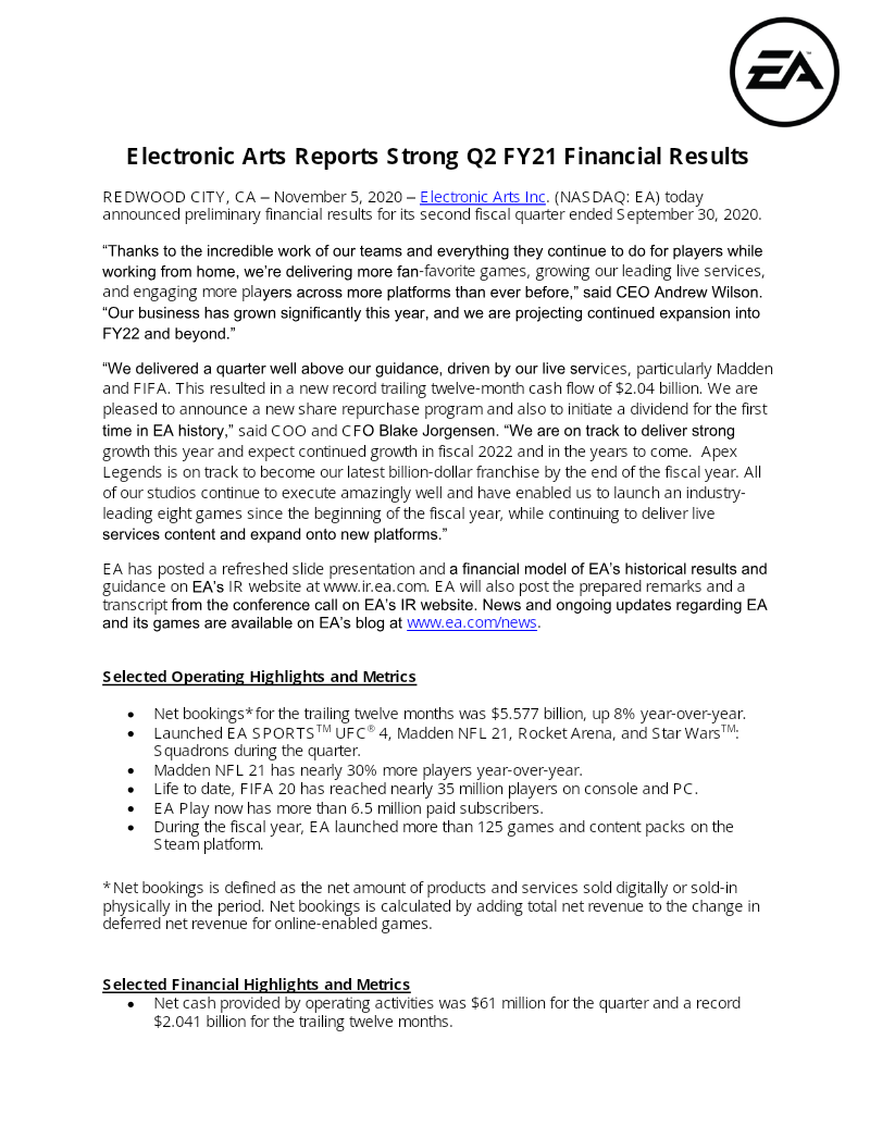Cover of Electronic Arts Q2 FY21 Financial Results