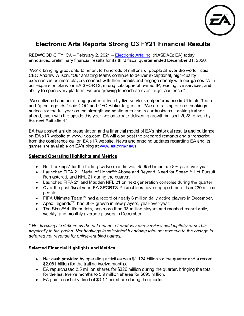 Cover of Electronic Arts Q3 FY21 Financial Results