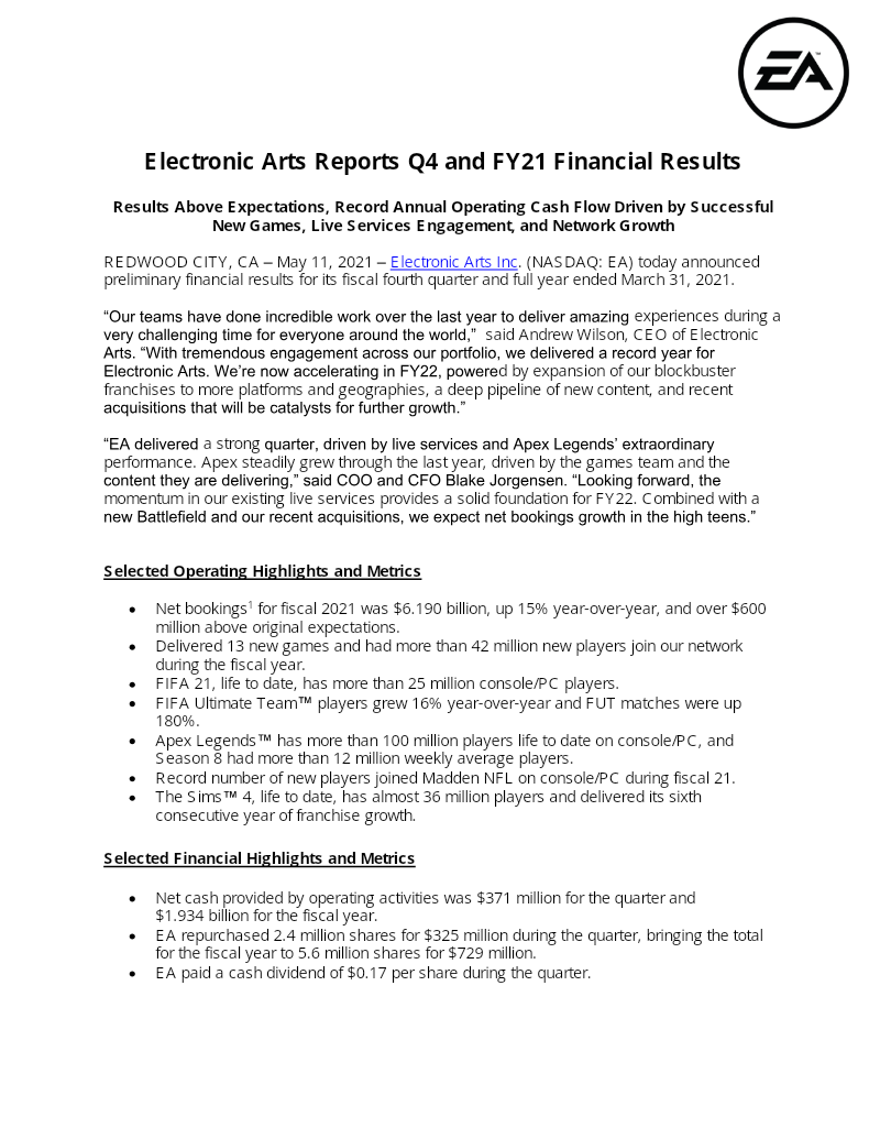 Cover of Electronic Arts Q4 and FY21 Financial Results