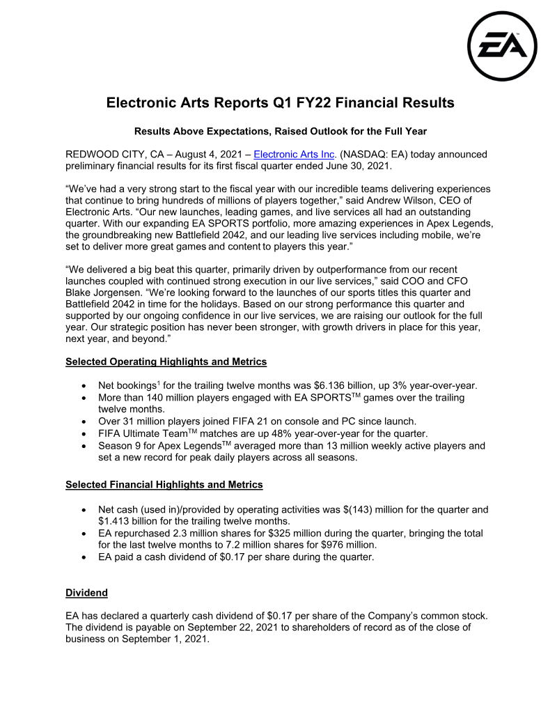 Cover of Electronic Arts Q1 FY22 Financial Results