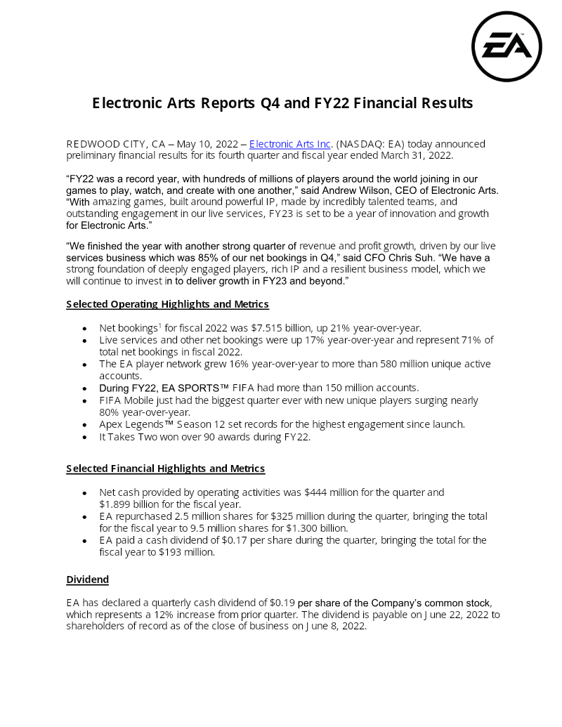 Cover of Electronic Arts Q4 and FY22 Financial Results