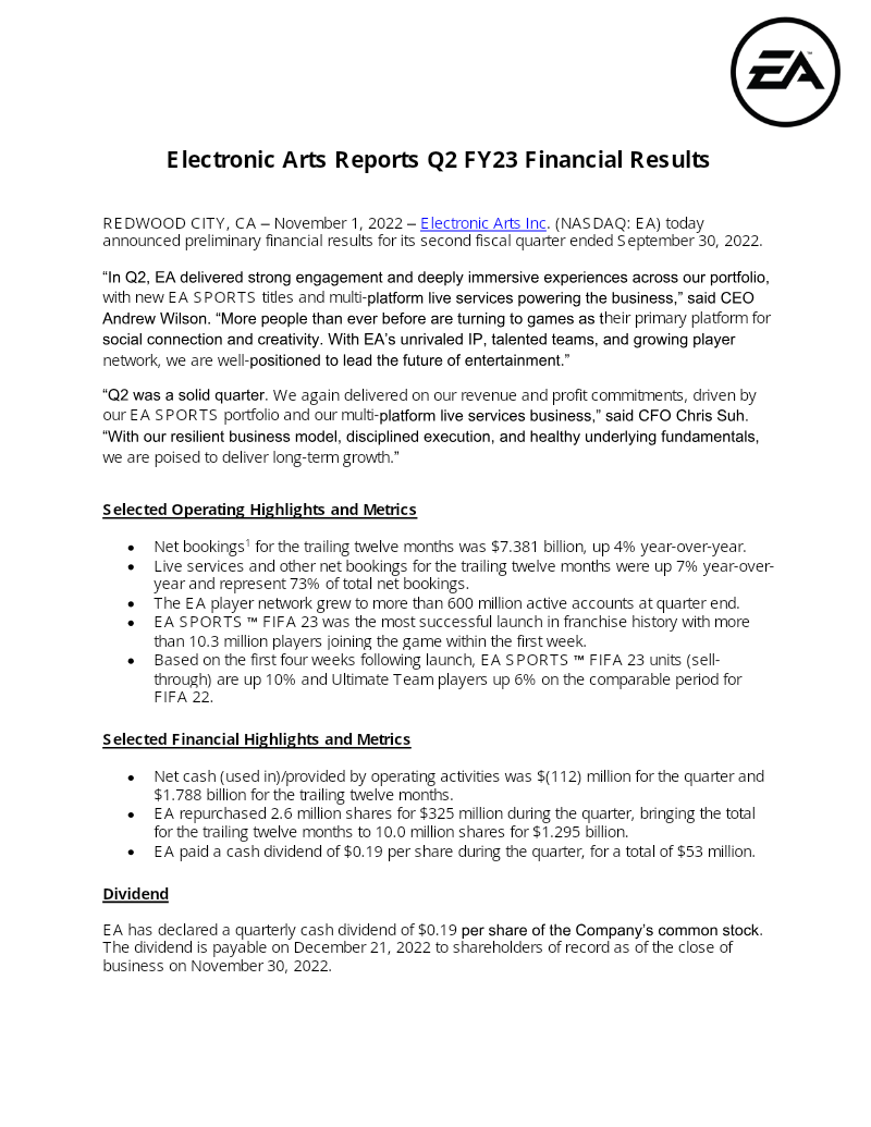 Cover of Electronic Arts Q2 FY23 Financial Results