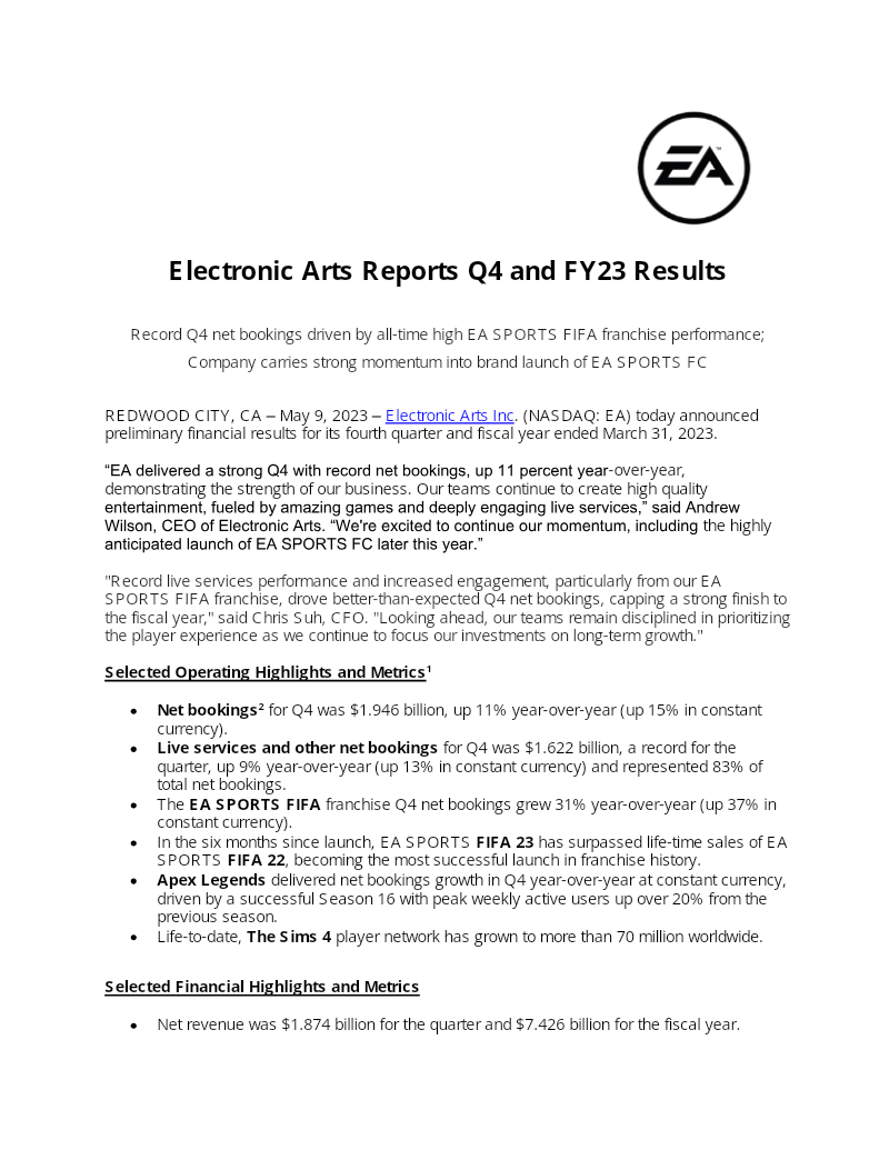 Cover of Electronic Arts Q4 and FY23 Financial Results