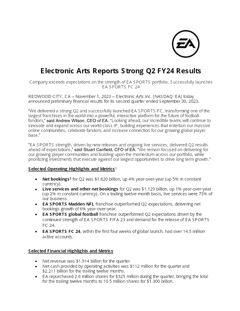 Cover of Electronic Arts Q2 FY24 Earnings Release