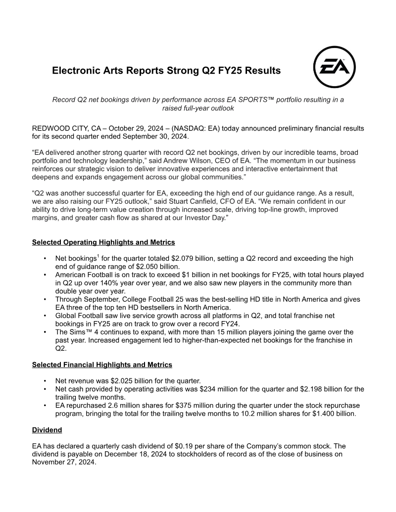 Cover of Electronic Arts Q2 FY25 Earnings Results