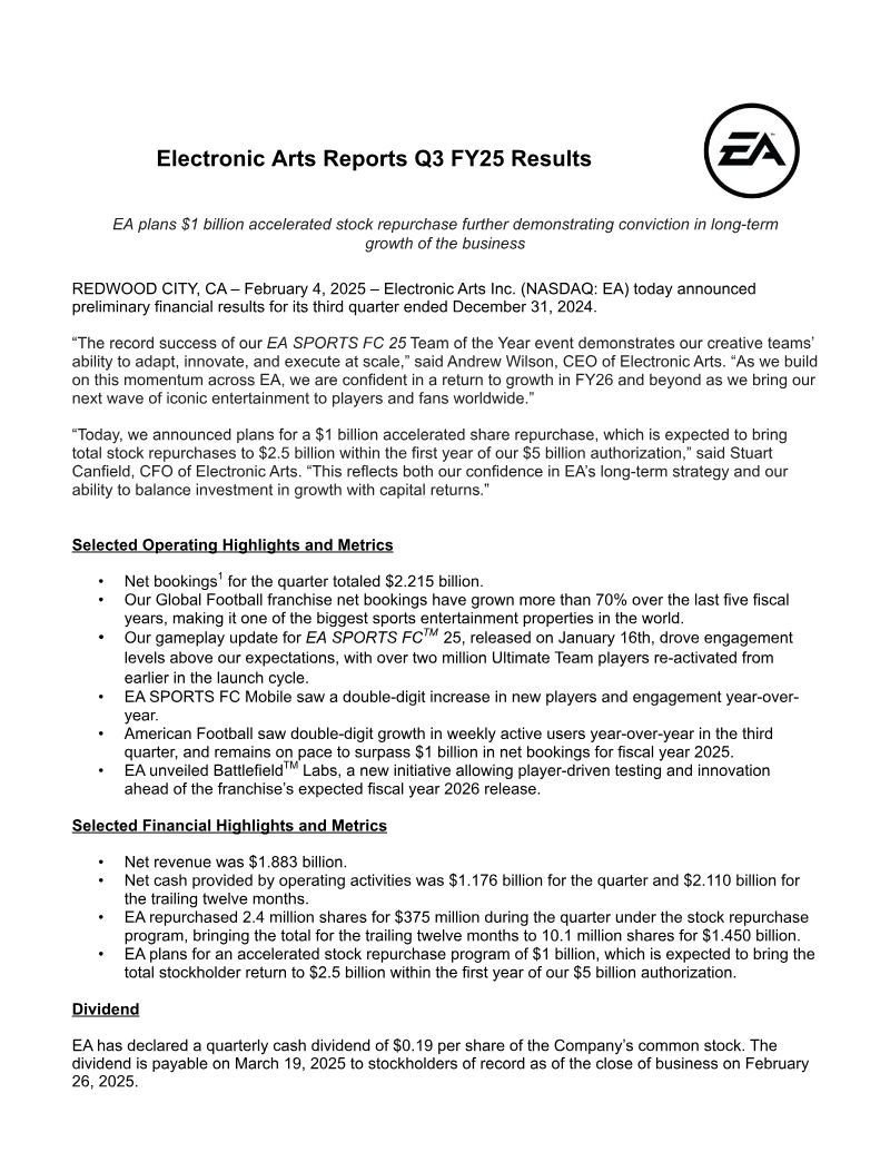 Cover of Electronic Arts Q3 FY25 Earnings Release