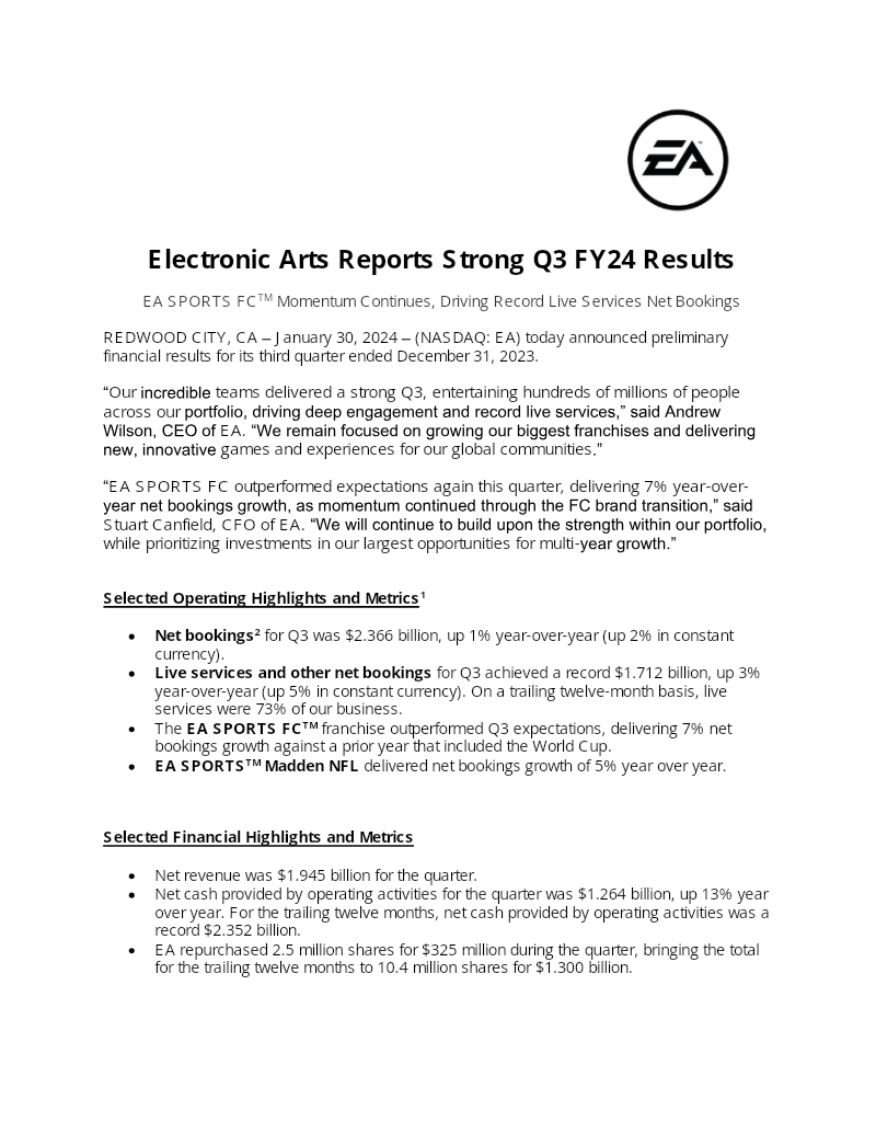 Cover of Electronic Arts Reports Strong Q3 FY24 Results