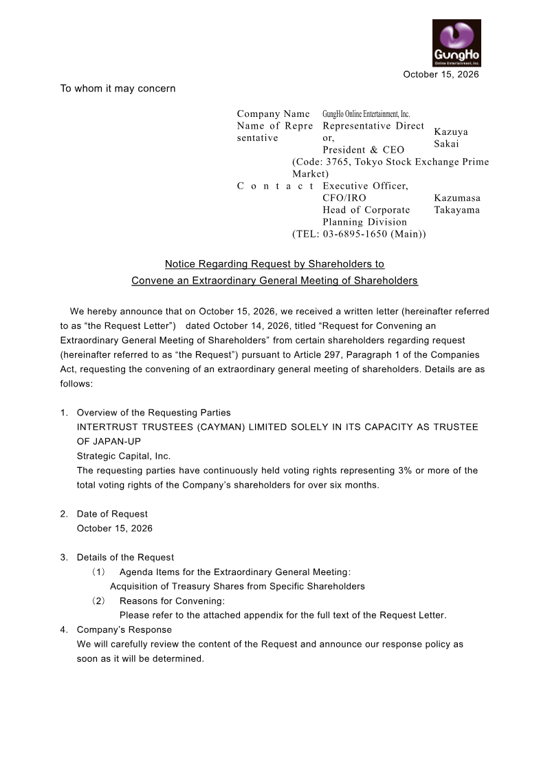 Cover of Notice Regarding Request by Shareholders to Convene an Extraordinary General Meeting of Shareholders