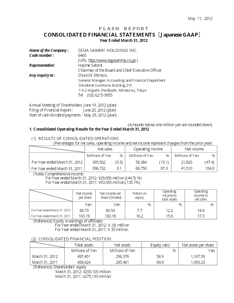 Cover of Sega Sammy Holdings Consolidated Financial Statements: Year Ended March 31, 2012