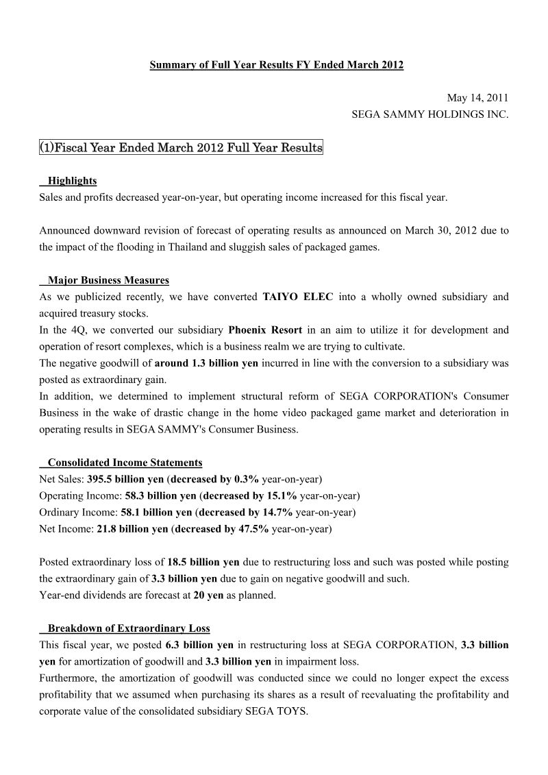 Cover of Sega Sammy Holdings Full Year Results: Fiscal Year Ended March 2012