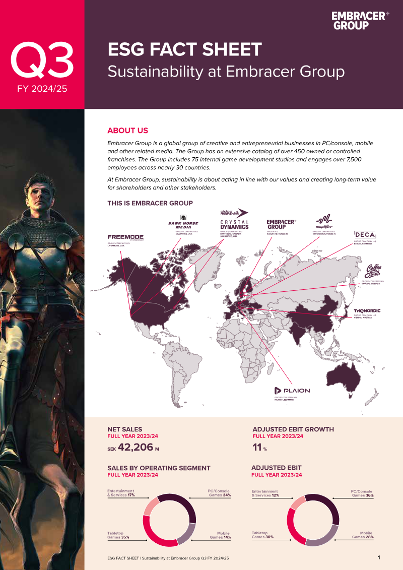 Cover of Sustainability at Embracer Group: FY 2024/25 ESG Fact Sheet